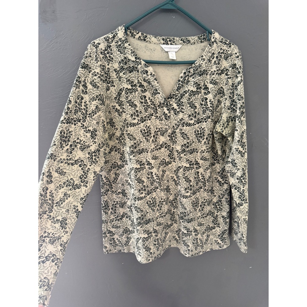 Christopher & Banks Womens Medium Waffle Knit Thermal Leaf Print Top Fall Green